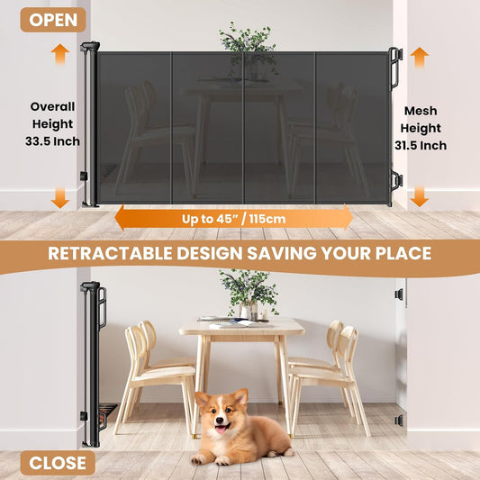 SPACEANY Reinforced Retractable Baby Gate, Mesh Dog Gate, Child Safety Gate for Doorways, Stairs, Hallways, Indoor/Outdoor, Wide Openings -33.5" Tall, Width up to 55" Gray