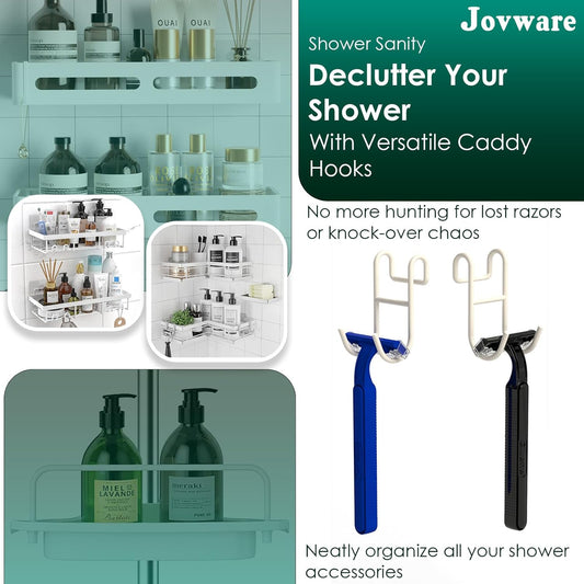 White Shower Caddy - 2 Pack Open Shelf Hooks for Loofah, Razor and More