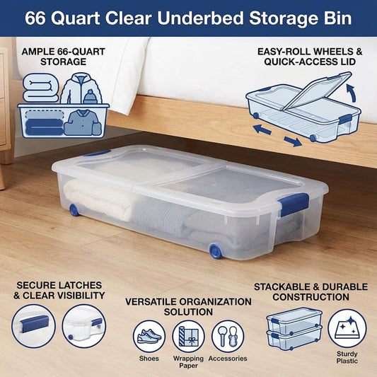 66 Quart Clear Underbed Storage Bin with Wheels & Latching Lid - Low Profile Plastic Storage Container for Clothes, Shoes, Bedding, Wrapping Paper Organizer, Slim Rolling Under Bed Storage Box