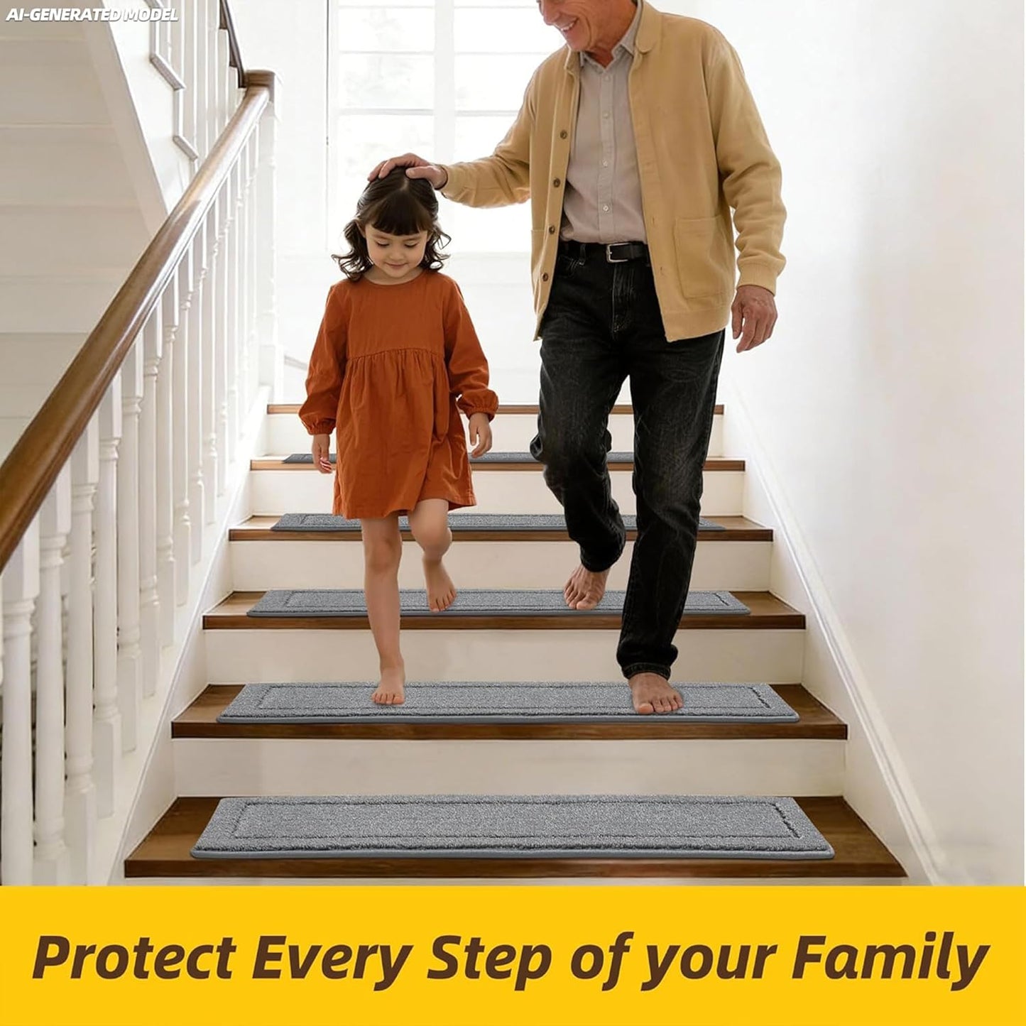 JSEI Stair Treads for Wooden Steps Indoor, 15-Pack Non Slip Stair Treads 30" x 8", Washable Polyester Stair Mats with TPE Backing, Low Profile Stair Rugs for Kids, Seniors and Dogs, Brown