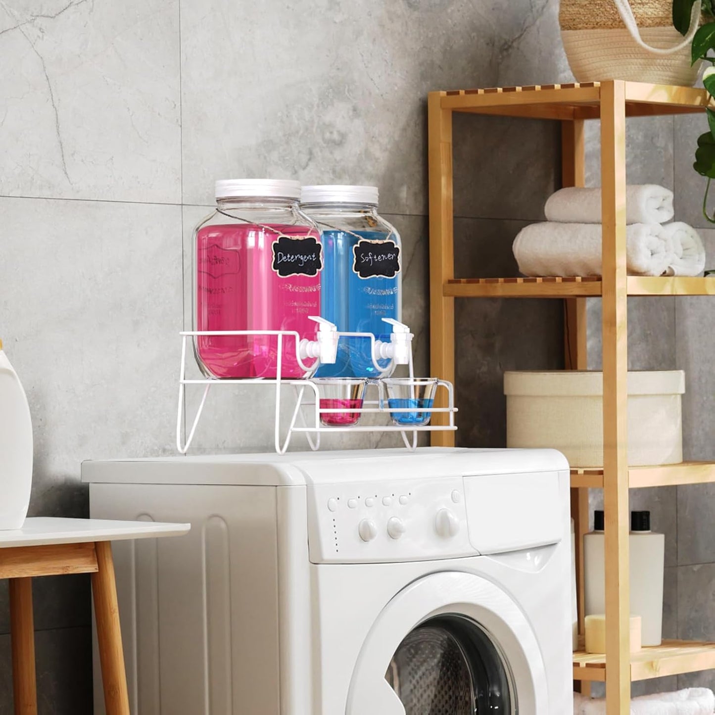 Roetell 2 Sets 1 Gallon Laundry Detergent Dispenser with Stand, Measuring Cup, Glass Laundry Detergent Containr for Laundry Room Organization