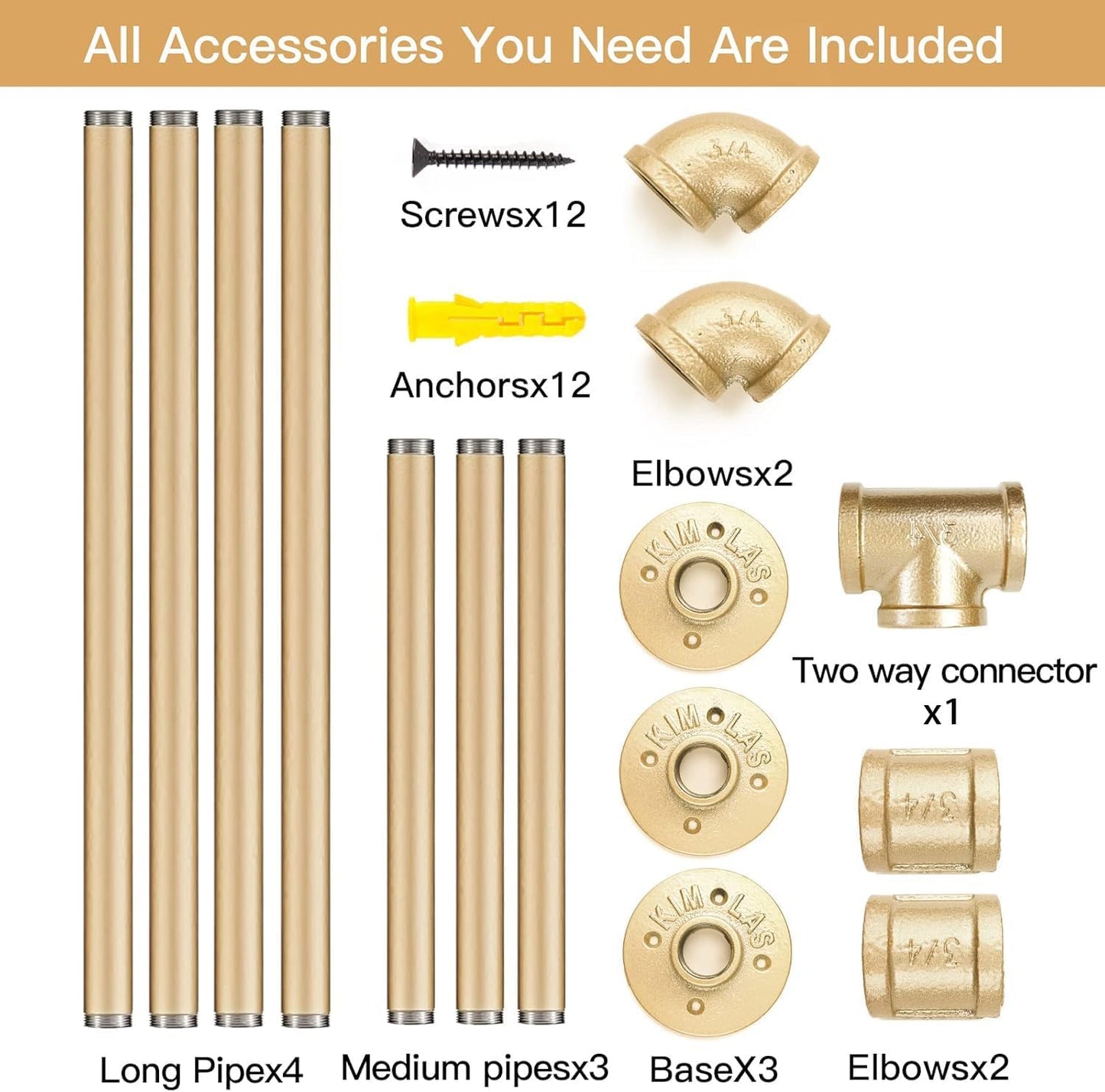 Gold Wall Mount Iaundry Drying Rack - 54" Pipe Garment Rack, Portable Heavy Duty Iron Closet Hanger Rod, Modern Metal Detachable DIY Hanging Bar for Laundry Room and Closet Storage