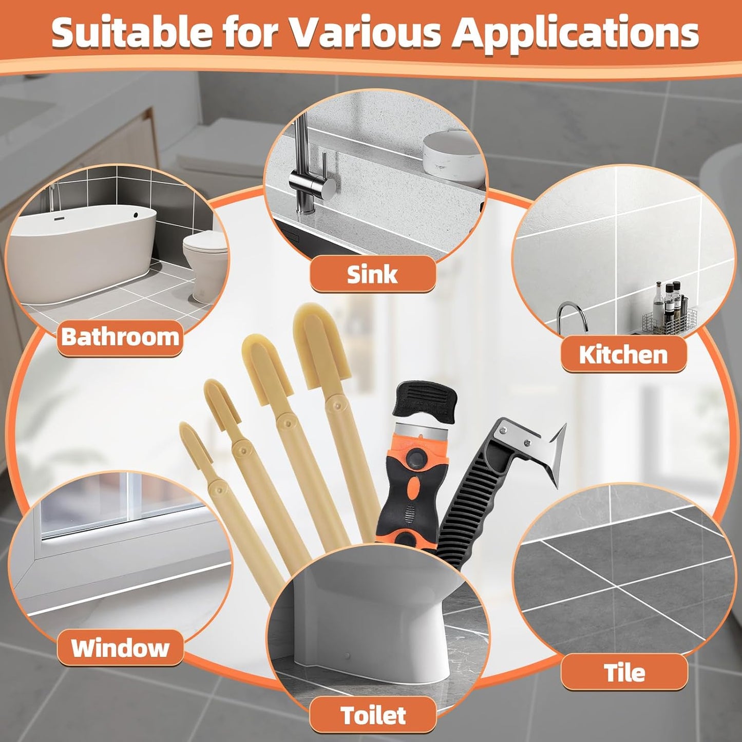6 Pcs Caulk Tool Set-Multi-Purpose Silicone Caulking Tool Kit with Caulk Smoothing Tool,Razor Blade Scraper,Caulk Remover Tool for Clean Seal Lines,Non-Scratch for Bathroom,Kitchen,Window Repair