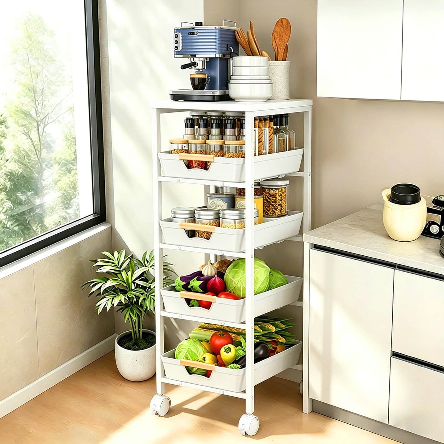 Slim Storage Cart with Wheels Pull-Out 5-Tier Rolling Storage Cart | narrow black 8.07in Wide, Mesh Baskets with Raised Edge, Wood-Grain Top, 360° Lockable Casters, Easy Assembly