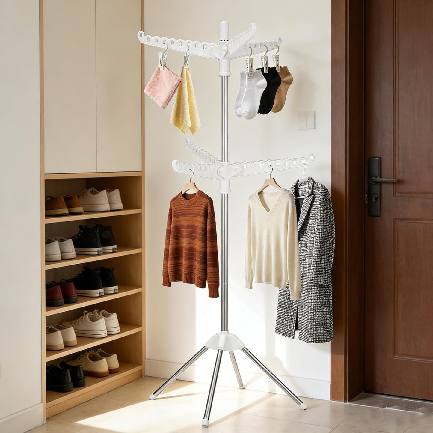 2-Layer Rotatable & Foldable Clothes Drying Rack 75" Stainless Steel Laundry Drying Tree with 6 Rotatable Arms, 4-Leg Free-Standing Hanger Stand for Indoor, Balcony, and Laundry Room
