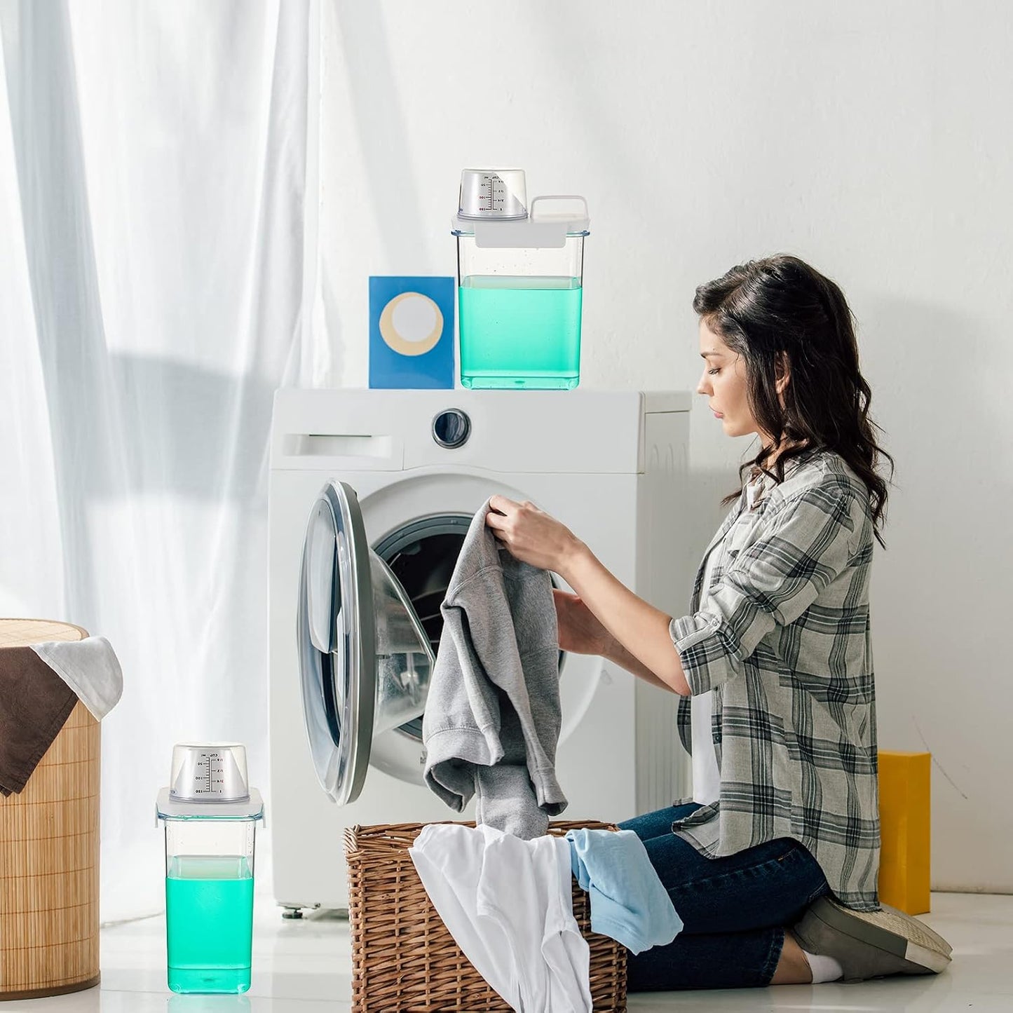 Tatuo 3 Pack Laundry Detergent Dispenser 37 oz Clear Liquid Container with 6 Removable Labels, Fabric Softener Pet Plastic Detergent Dispenser for Laundry Room Organization and Storage