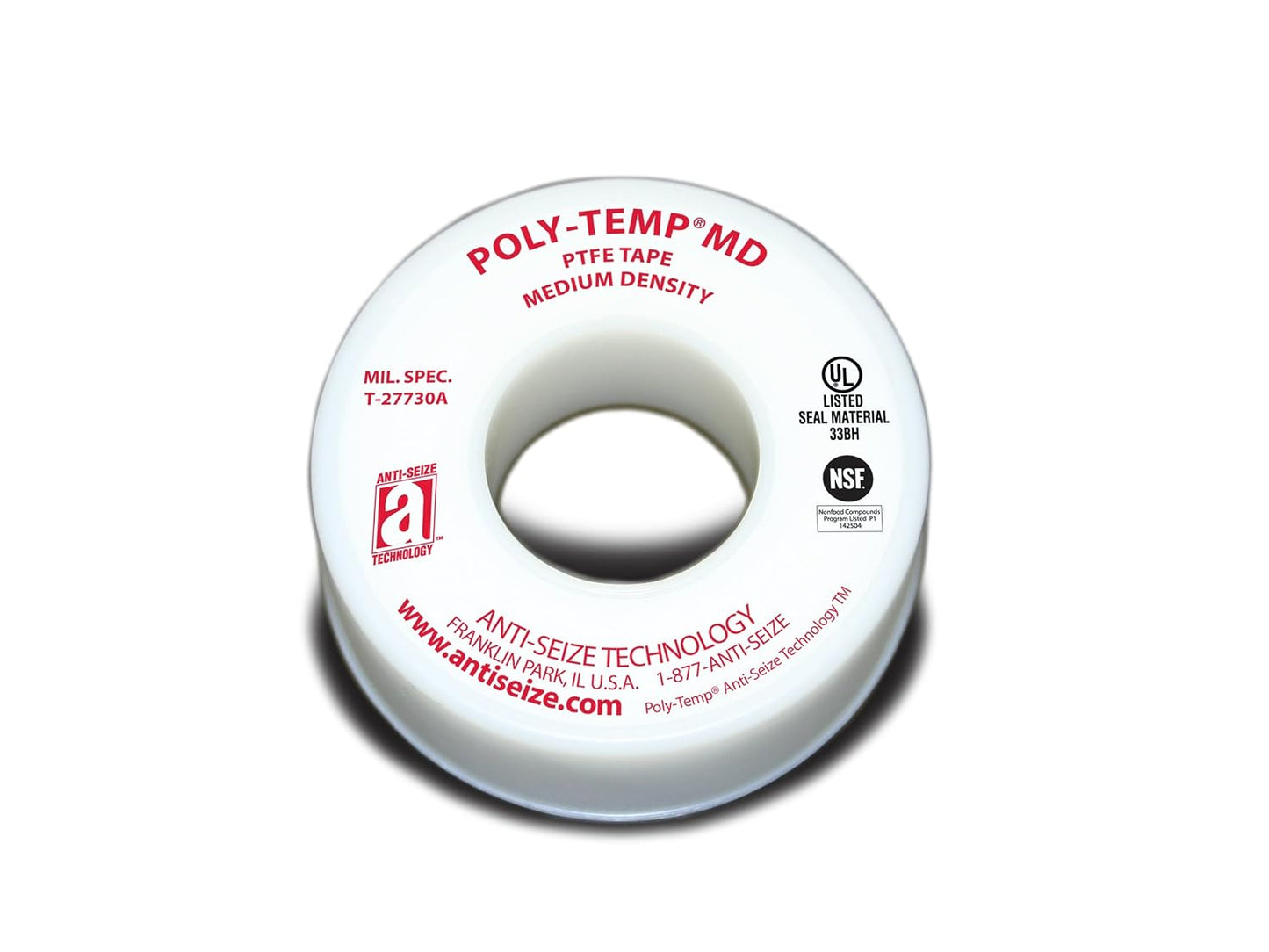 Anti-Seize Technology 16025 White PTFE Poly-Temp Medium Density Tape, 520 Inch Length, 0.25 Inch Width, Pack of 5