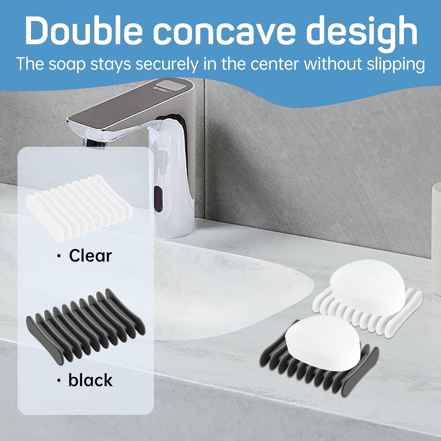 3 Pack Self Draining Silicone Soap Holder, Non-Slip Soap Dish for Bathroom, Shower & Sink, Keeps Soap Bars Dry, Easy to Clean, Clear