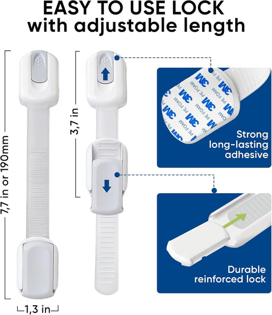 6 pcs Multi-Use Adhesive Straps Locks No tools and drilling - Childproofing Baby Proofing Cabinet Latches for Drawers, Doors, Toilet Seat, Dishwasher, Cupboard, Fridge, Oven,Trash Can