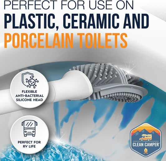 RV Toilet Brush by Clean Camper – Wall-Mounted Set, Silicone, Scratch-Free Dual-Sided Head, Quick-Drying Holder, Compact & Durable Set with Strong Adhesive Mount for RV & Camper Toilets