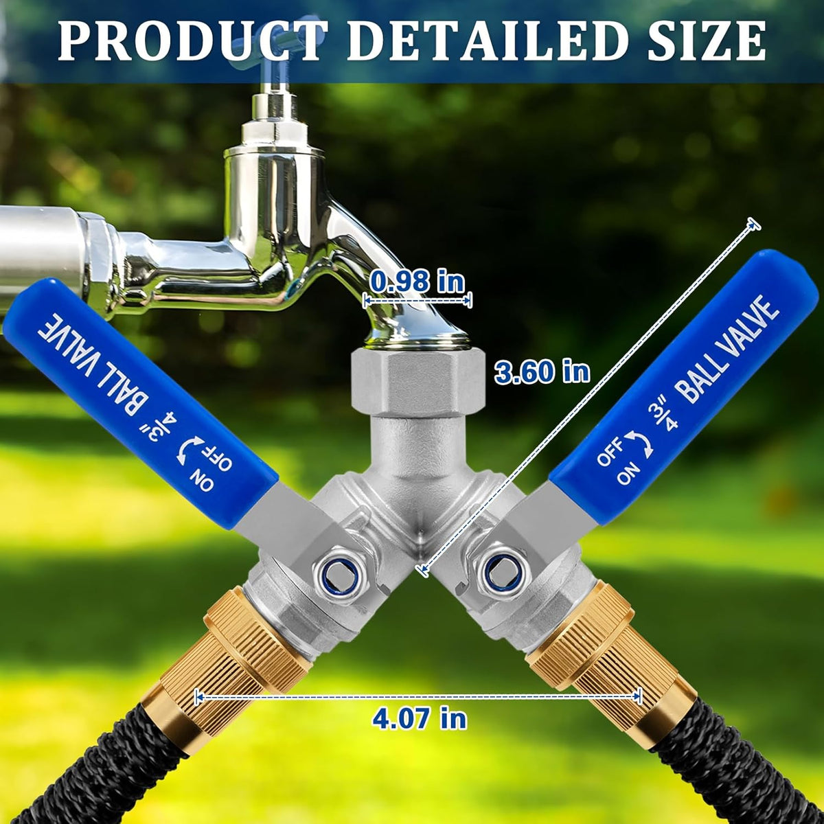 2 Way Garden Hose Splitter, Heavy Duty Brass Y Valve, 3/4” GHT Outdoor Faucet Splitter with Dual Shut Off Valves, 304 Stainless Steel Long Handles, Leak-Proof