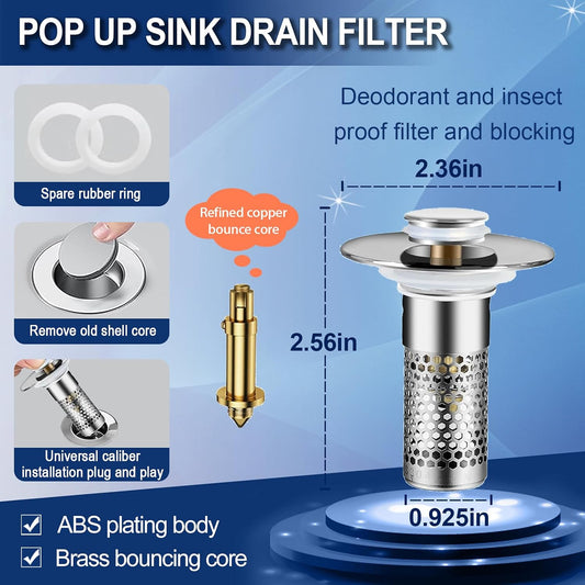 Bathroom Sink Stopper 2Pcs,Sink Drain Strainer,Hair Catcher with Removable Stainless Steel Filter Basket,Universal Sink Plug,Suitable for Most Sinks,Washbasin,Bathtubs
