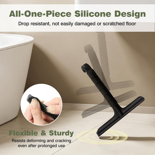 Roylvan Silicone Shower Squeegee, All-in-One Shower Squeegee for Glass Doors with Built-in Hook, Household Window Mirror Cleaner for Bathroom Glass Kitchen Tile Wall Car, Black