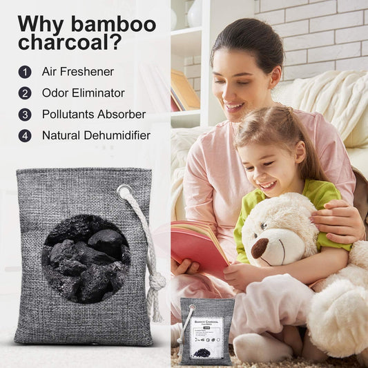 WGCC Bamboo Charcoal Air Purifying Bag 8 Pack, Activated Charcoal Bags Odor Absorber, Natural Car Air Freshener, Moisture Absorber for Closet, Shoe, Car, large Room, Pet Safe (4x75g, 4x200g)