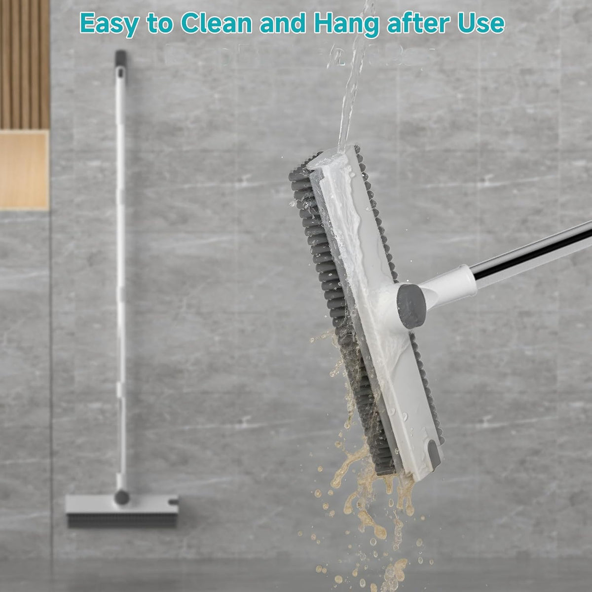 Floor Scrub Brush with Long Handle Length Adjustable, 3 in 1 Heavy-Duty Stiff 90° Bristle Floor Scrubber Broom with Squeegee, Cleaning Brush for Bathroom, Garage, Kitchen, Tile, Deck & Patio (Gray)