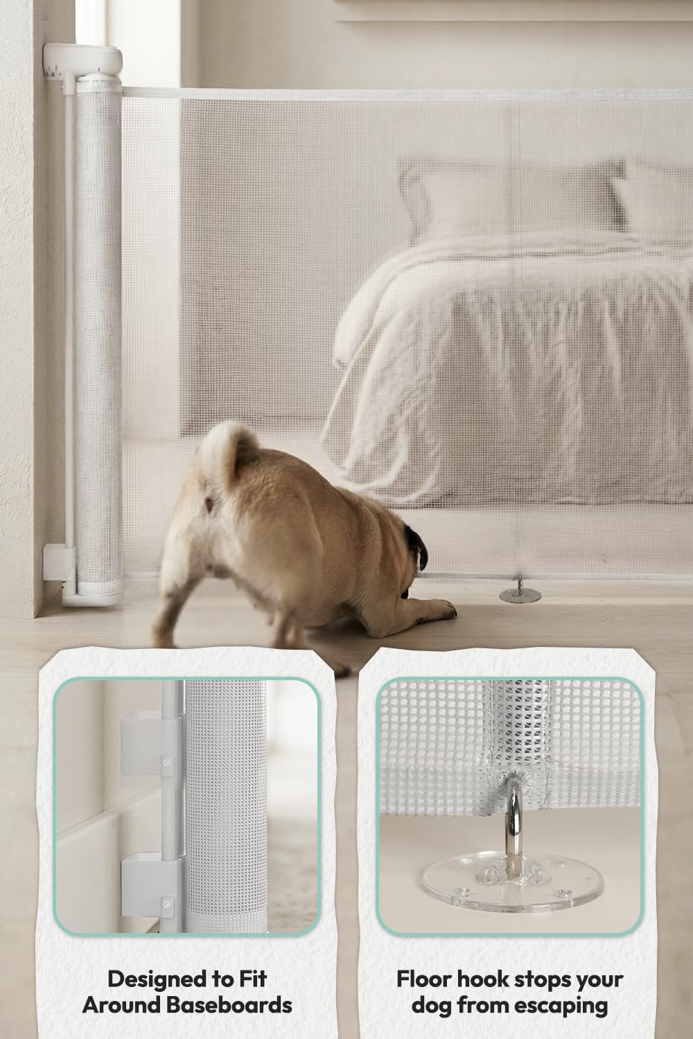 15.7" H Mesh Short Dog Gate, Extends Up to 59" W Retractable Pet Gate with Drill Installation, Small Dog Gate for Stairs, Easy Step Over Low Puppy Gate for Doorways Indoor Outdoor, White