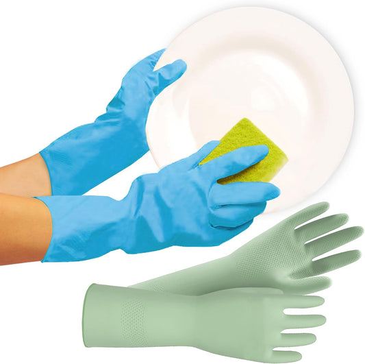 JOR Kitchen Dishwashing Gloves, Durable and Reusable Rubber with Non-Slip Grip, For Household Chores, Multi-purpose Use for Pantry, Bathroom Laundry, Medium, 12-inch Long Cuff, 2 Pairs, Green & Blue