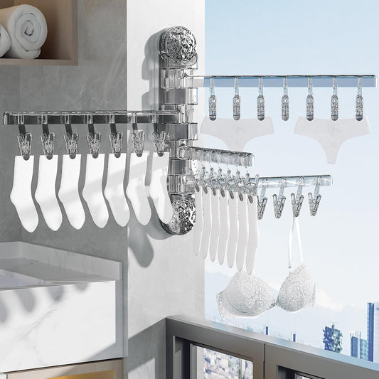 Clothes Drying Rack Wall Mounted, Clothes Drying Rack Folding with Clip, 180° Rotation, Balcony Drying Rack Dryer, Space Saver for Socks, Underwear, Rags, Towels