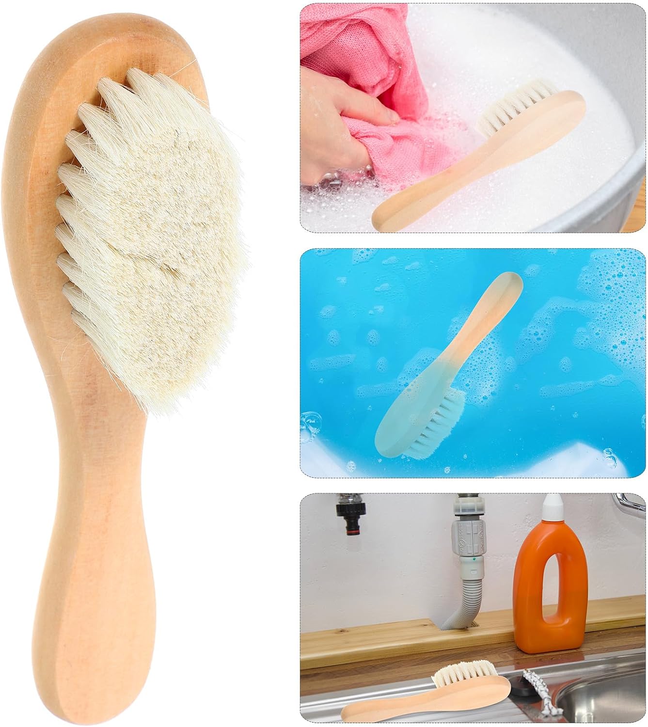 Laundry Stain Brush with Natural Soft Boar Bristles for Delicate Fabrics, Knitwear, Cotton and Linen Clothes, Soft Bristle Fabric Cleaning Brush for Laundry Stain Removal