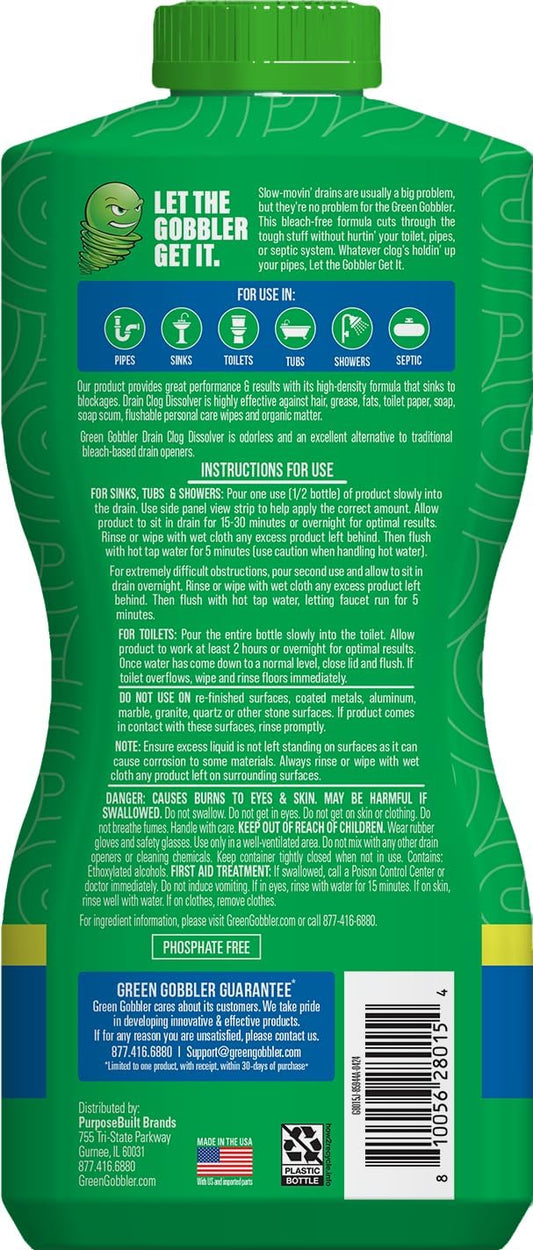Green Gobbler Drain Clog Dissolver, Drain Opener-Cleaner,Toilet Clog Remover, 31 oz (Pack of 2)
