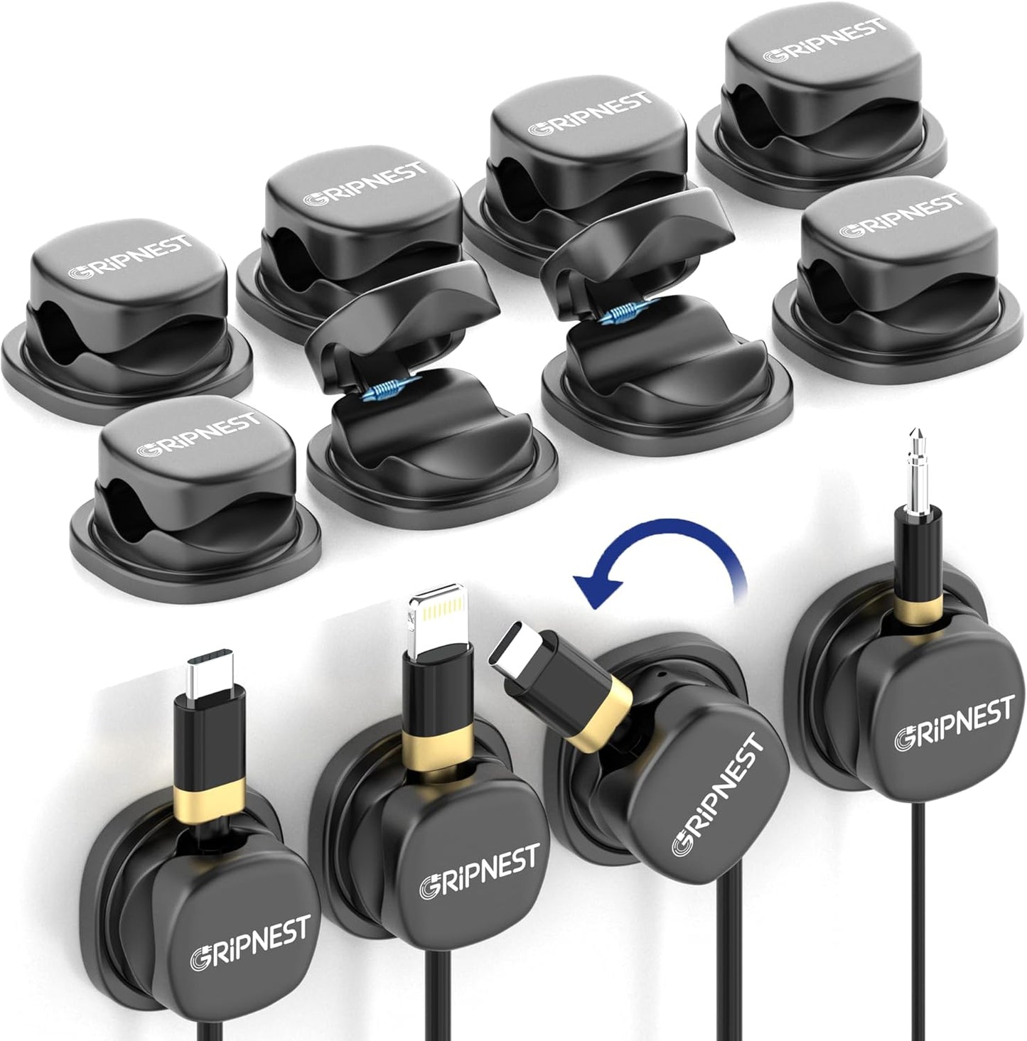 Never-Lose 1s Lock Spring Cable Solution – Rotatable Cable Clips, Strong Adhesive Cord Organizer & Wire Holder for Desk, Car & Nightstand, Secure Cable Management, 8 Pack (Black)