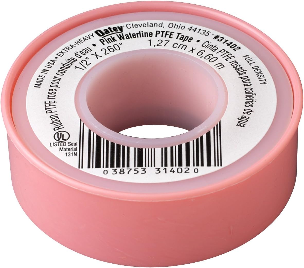Oatey 31402D Water-Line Thread Seal Tape, 260 in L X 1/2 in W, 0.003 in T, PTFE Backing, Pink, -450 to 500 Deg F, 1/2-Inch x 260-Inch