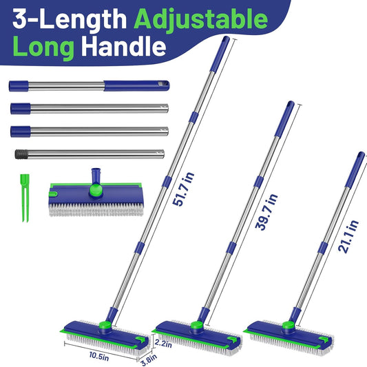 3 in 1 Floor Scrub Brush with Long Handle & Squeegee | Heavy-Duty, Adjustable, 360° Rotating Head for Cleaning Tile Bathroom Deck Kitchen Patio, Blue