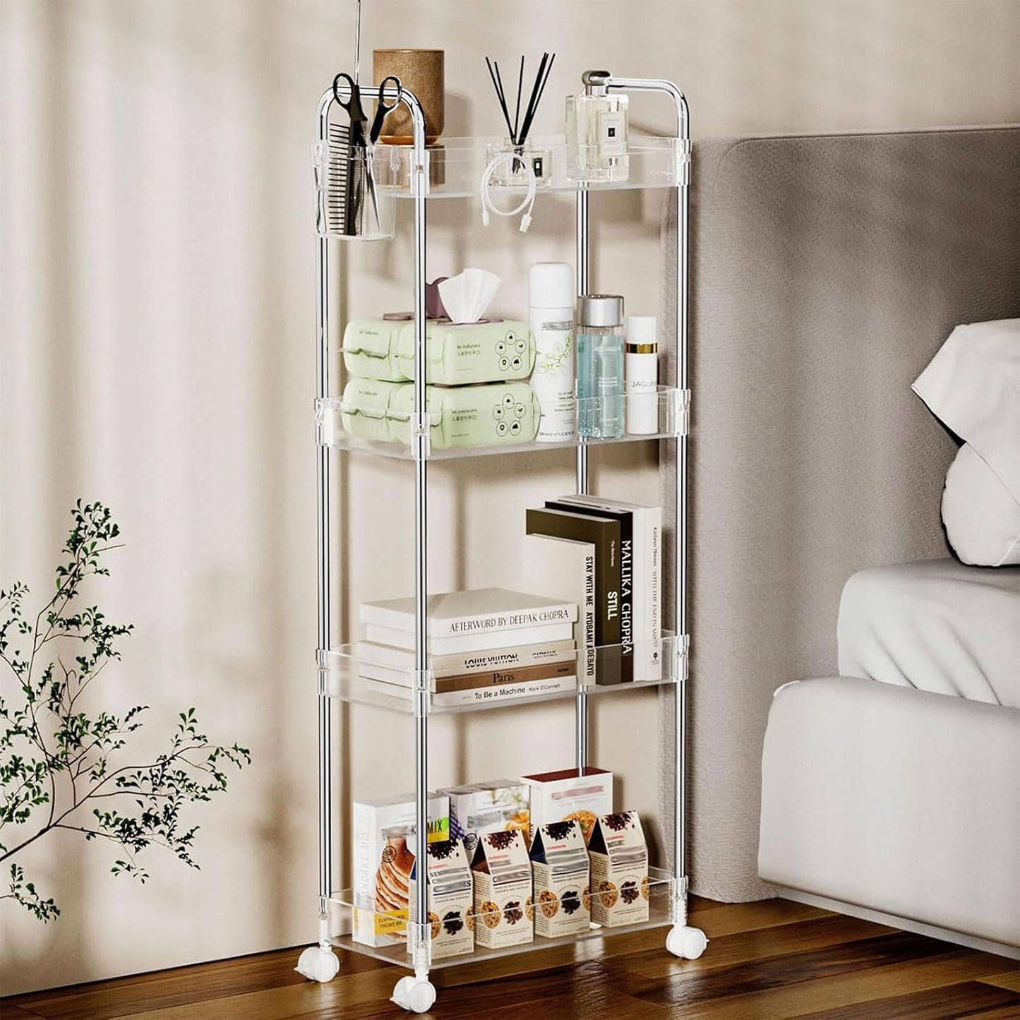 SPACEKEEPER 3 Tier Acrylic Storage Rolling Cart Clear Bathroom Cart Organizer, Transparency Laundry Room Organization Mobile Shelving Unit Multifunction Rolling Utility Cart for Office Living Room