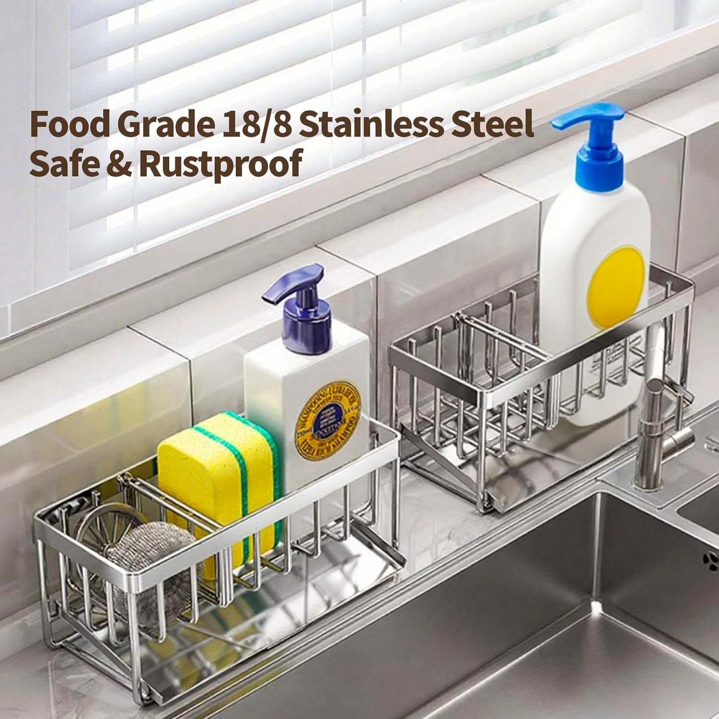 Kitchen Sink Sponge Holder, 304 Stainless Steel Soap Dispenser Caddy Organize, Kitchen Sink Brush Caddy Holder with Removable Drain Tray