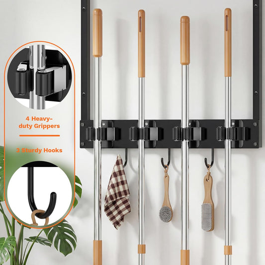 Broom Holder Wall Mount with Shelf Load 66LBS Broom and Mop Organizer Wall Hanging Broom Hanger with 4 Mop Hanger Grippers, 3 Hooks for Laundry Room, Garage, Utility Closet, Kitchen, 1 Pack