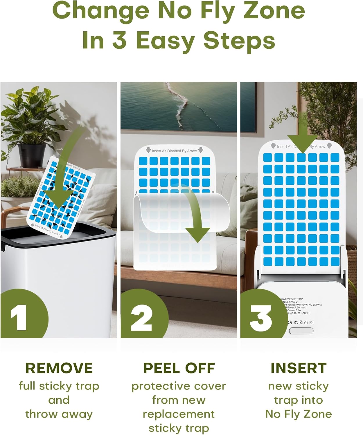 Flying Insect Trap Indoor - Plug-in Fly Catcher and Killers Includes Refills for House Flies, Fruit Flies, Gnats,and Moths, Bug Light Killer, Cover up to 600 ft², Off-White, 2 Traps + 8 Refills