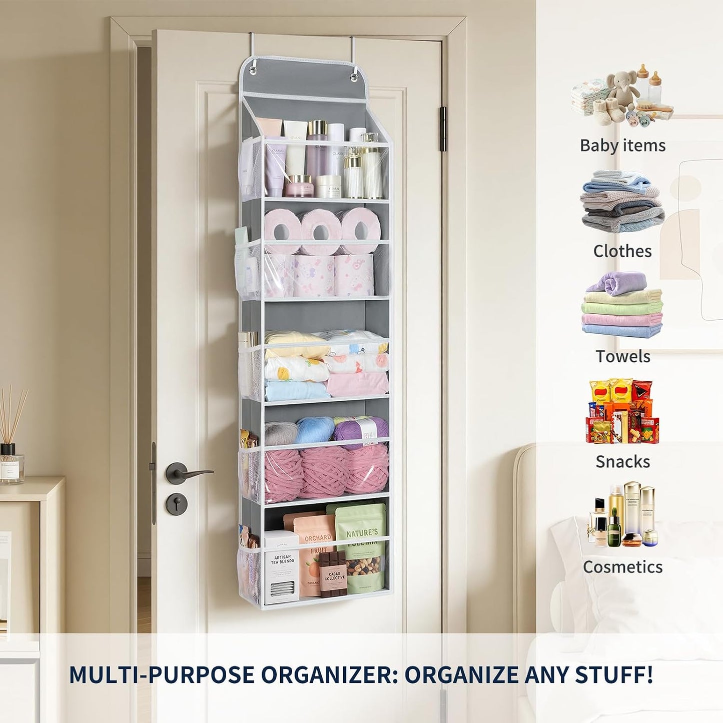 Yecaye 5-Tier Over the Door Organizer Hanging, Toy Stuffed Animal Storage, Behind the Door Storage with 5 Clear View Windows & 10 Side Pockets, Over the Door Storage for Bathroom Closet Nursery, Grey