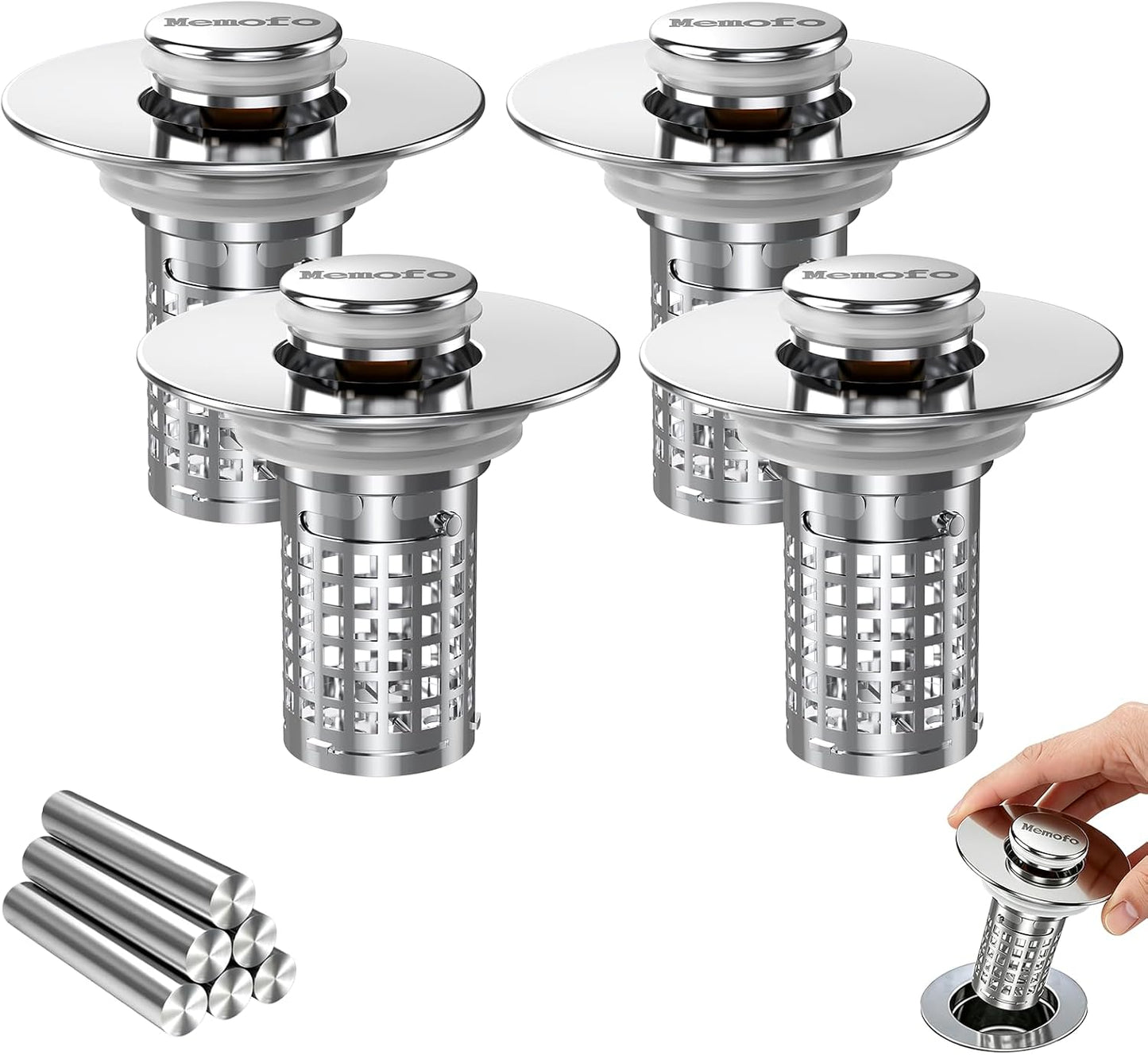 Bathroom Sink Drain Strainer(2PCS), Stainless Steel Pop-up Strainer Basket Hair Catcher with Removable Basket, Brass Bullet Core, Universal Fit 1.1-2.36 Inch