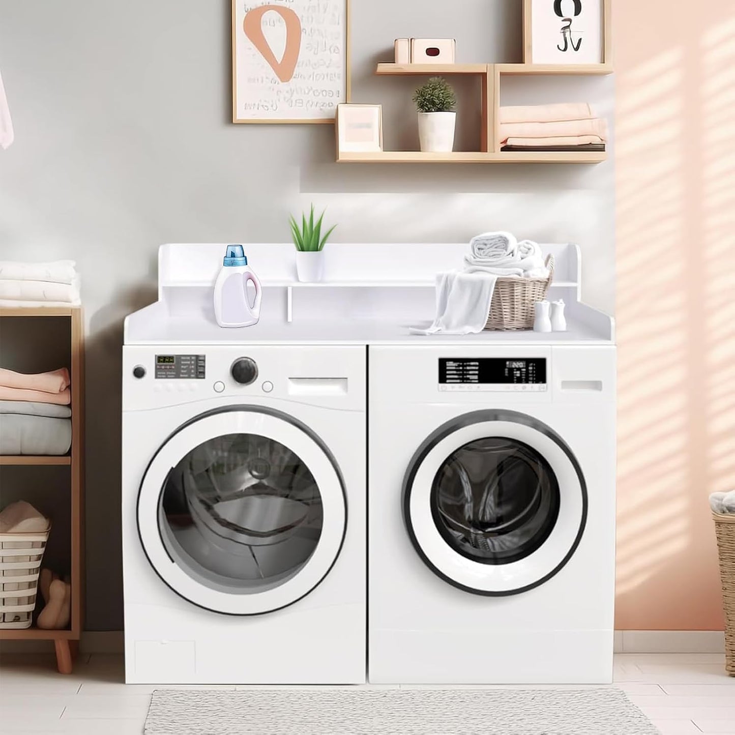54" X 27.5" Washer and Dryer Countertop, Adjustable Laundry Countertop with Shelf, Extra Dividers, Folding Clothes Station, Over Machine Storage for Detergents & Essentials (Natural)