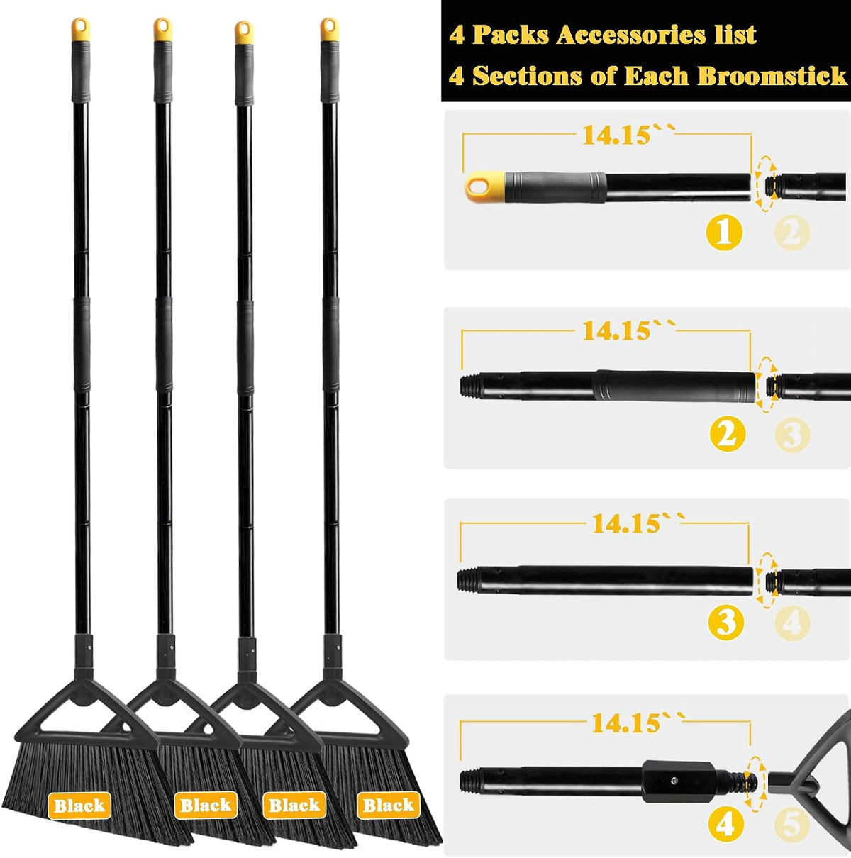 Heavy Duty Broom Outdoor and Indoor, 2 Pack Commercial Angle Brooms with Longer Handle, Perfect Black Broom for Garage, Kitchen, Courtyard, Restaurant