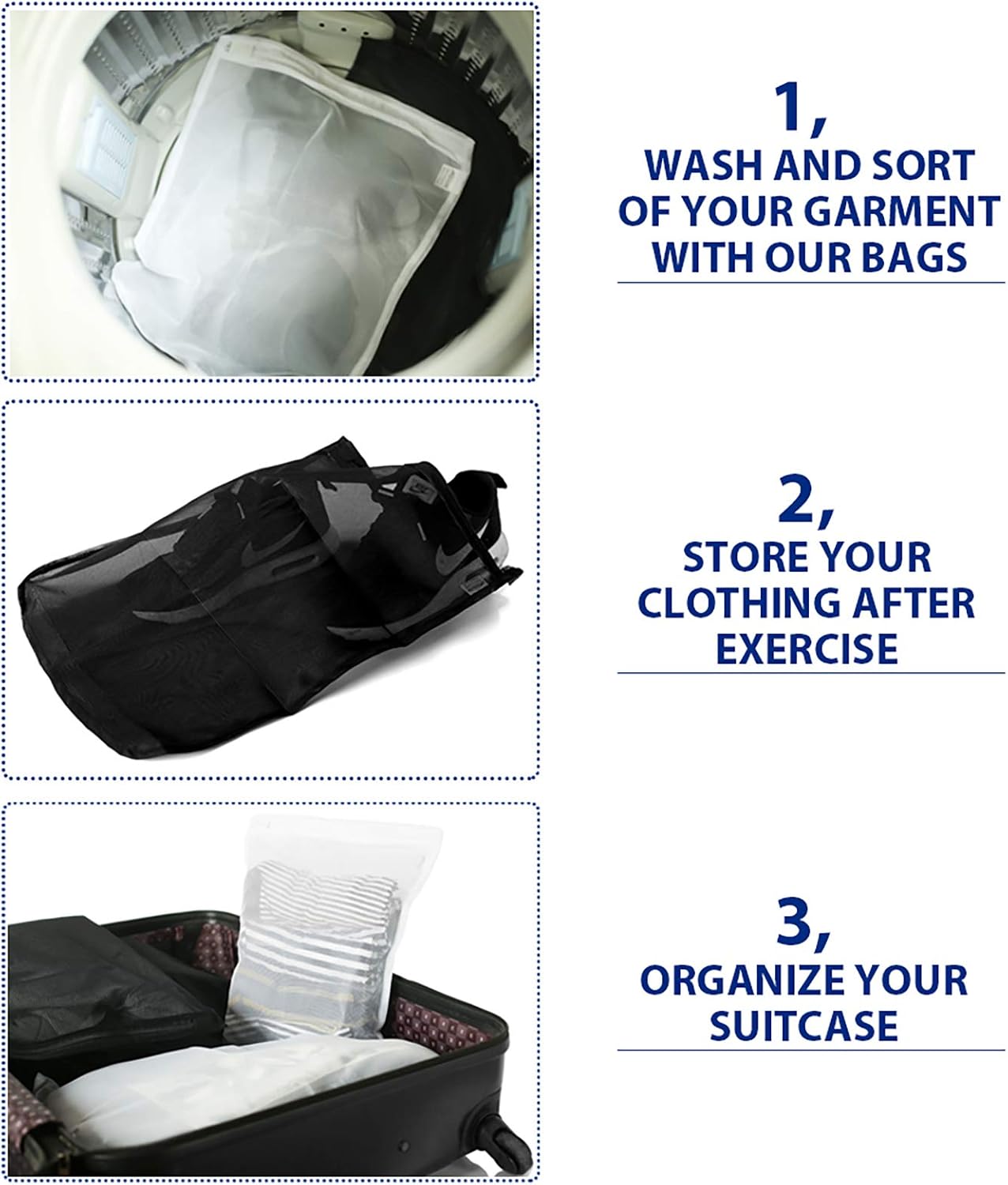 TENRAI Delicates Laundry Bags, Bra Fine Mesh Wash Bag for Underwear, Lingerie, Bra, Pantyhose, Socks, Use YKK Zipper, Have Hanger Loops, Small Openings (White, 3 Small)