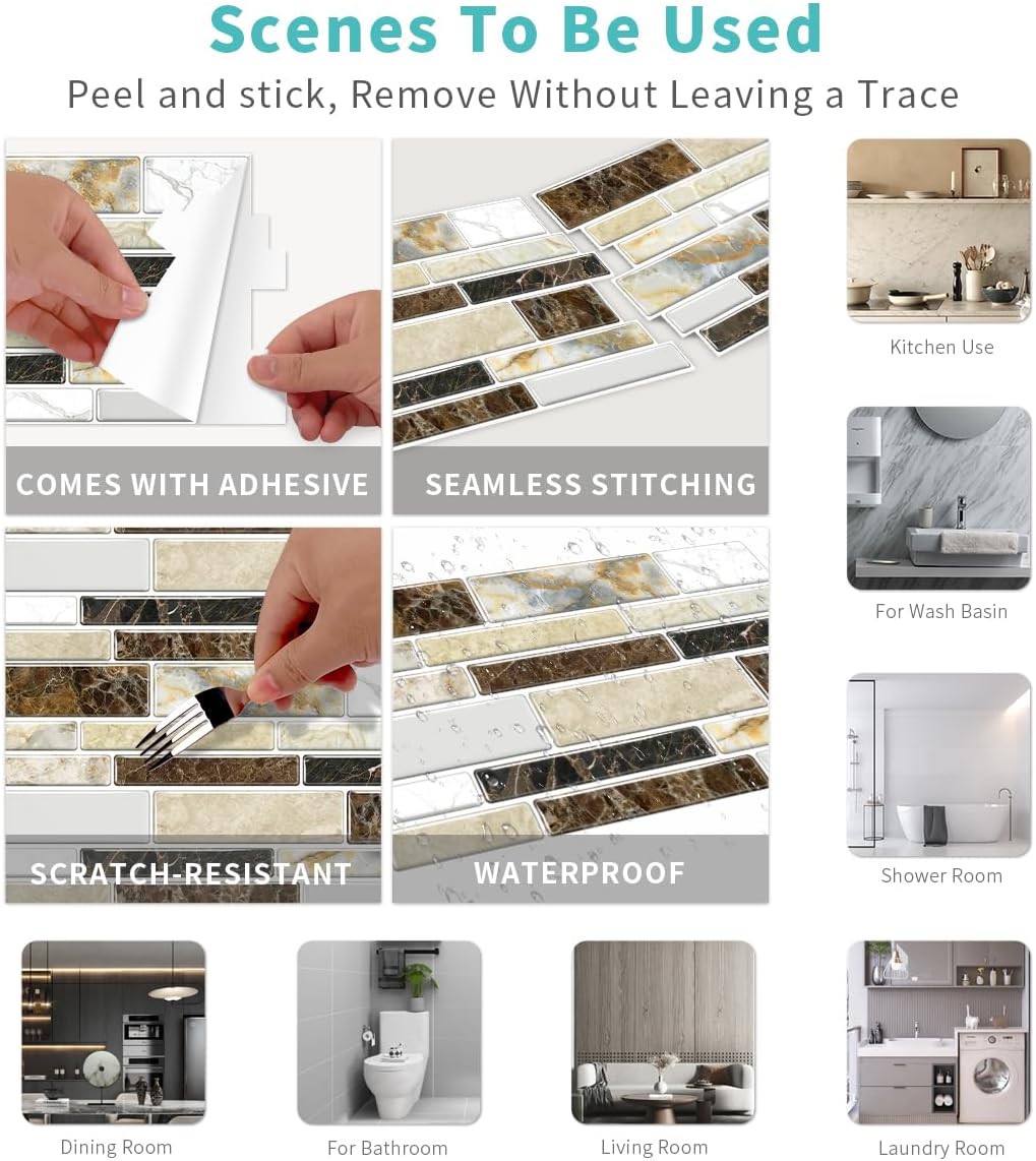 36 Sheets of Self Adhesive Marble Tile Wall Tiles Vinyl Sticker | 9.68 x 4.72in Water Resistant, Easy to Stick and Peel off, Suitable for DIY Decoration on Ceilings and Walls (Black)