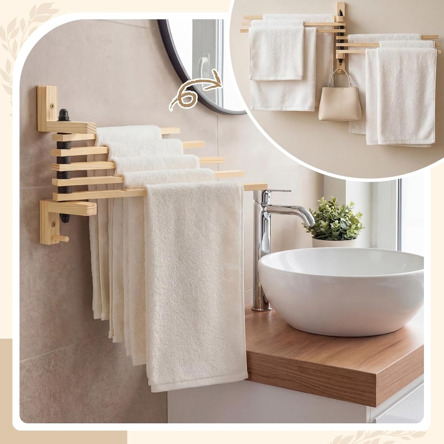 9 x 13 Inch Wood Swivel Towel Rack Wall Mounted Foldable Drying Rack with Anti-Slip Arms, Space Saving Towel Holder for Bathroom Laundry Room Closet, Pine Wood Hanger (5 Bar)