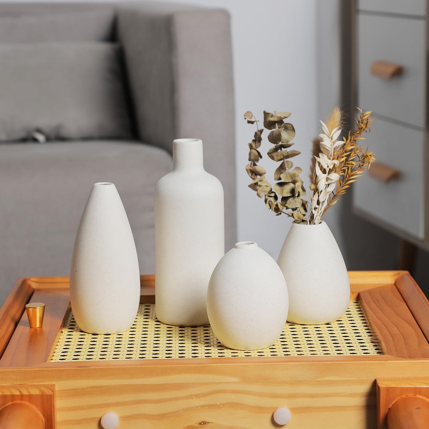 CEMABT Beige Ceramic vase Set-3 Small Flower vases for Decor,Modern Boho Farmhouse Home Decor,Decorative vase for Pampas Grass&Dried Flowers,idea Shelf,Table,Bookshelf ,Entryway- Distressed
