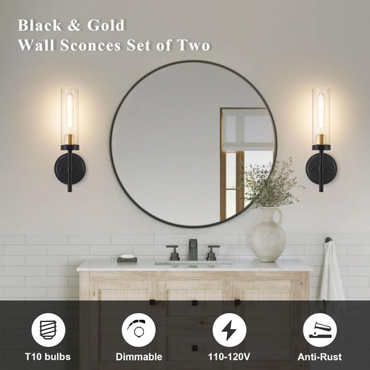 Wireless Wall Sconces with Remote Control, Battery Operated Wall Sconce Set of 2, Black & Gold Rechargeable Dimmable Wall Light for Bedroom Living room Bathroom Hallway Entryway Stairwell, 3000K