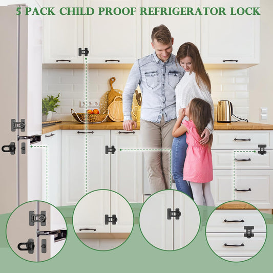 5 Pack Baby Proofing Cabinet Locks – No-Tool Adhesive Child Proof Refrigerator Lock, Oven Lock Child Safety, Fridge Lock, Dishwasher, Drawers & Cabinets | Strong Hold, Easy to Install (Black)
