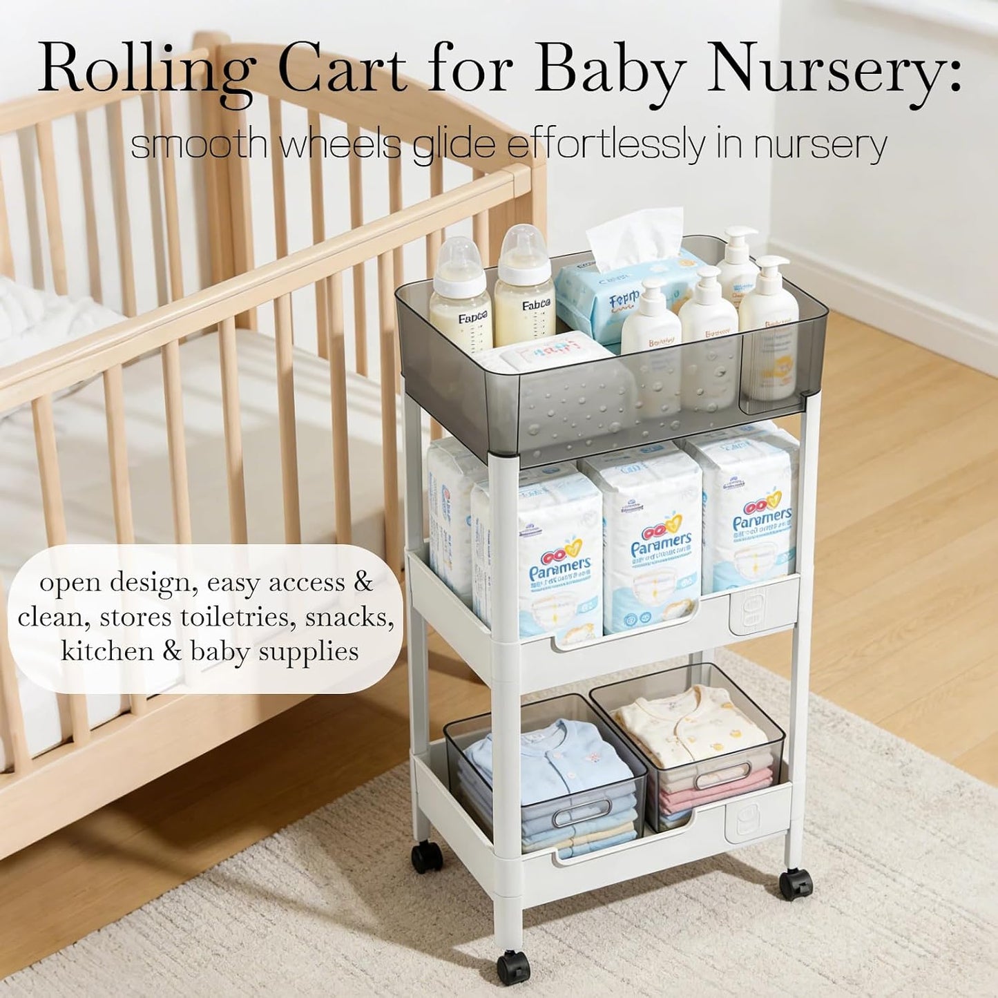 2 Tier Rolling Cart with Wheels for Under Desk Storage, Heavy Duty Plastic Short Small Utility Cart for Small Space Bathroom Vanity Makeup Organizer Pantry, 4.7'' Deep Baskets for Tall Bottles