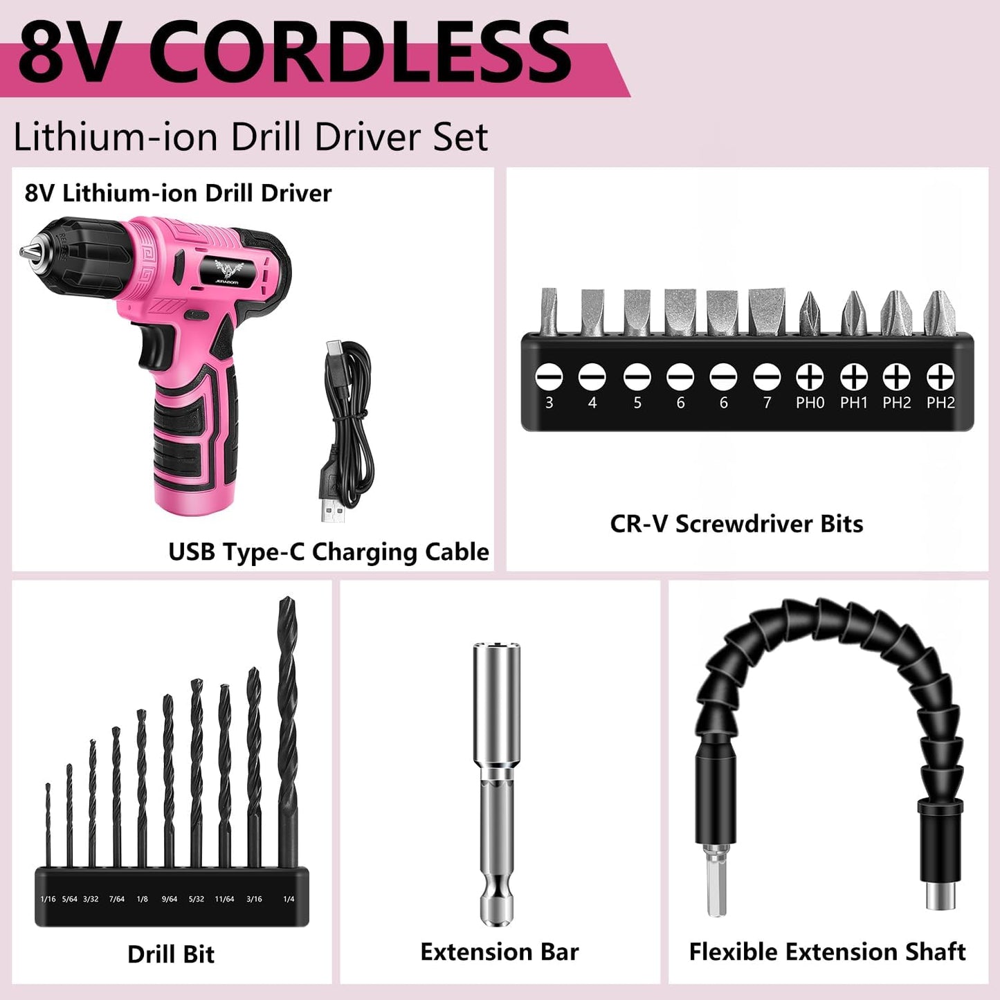 JENABOM Pink 3.6V USB Cordless Electric Screwdriver & Household Tool Kit | Power Screwdriver and Hand Tools in a Compact Box Case for Small Repair and Maintenance- Ideal Housewarming Gift, 112Pcs