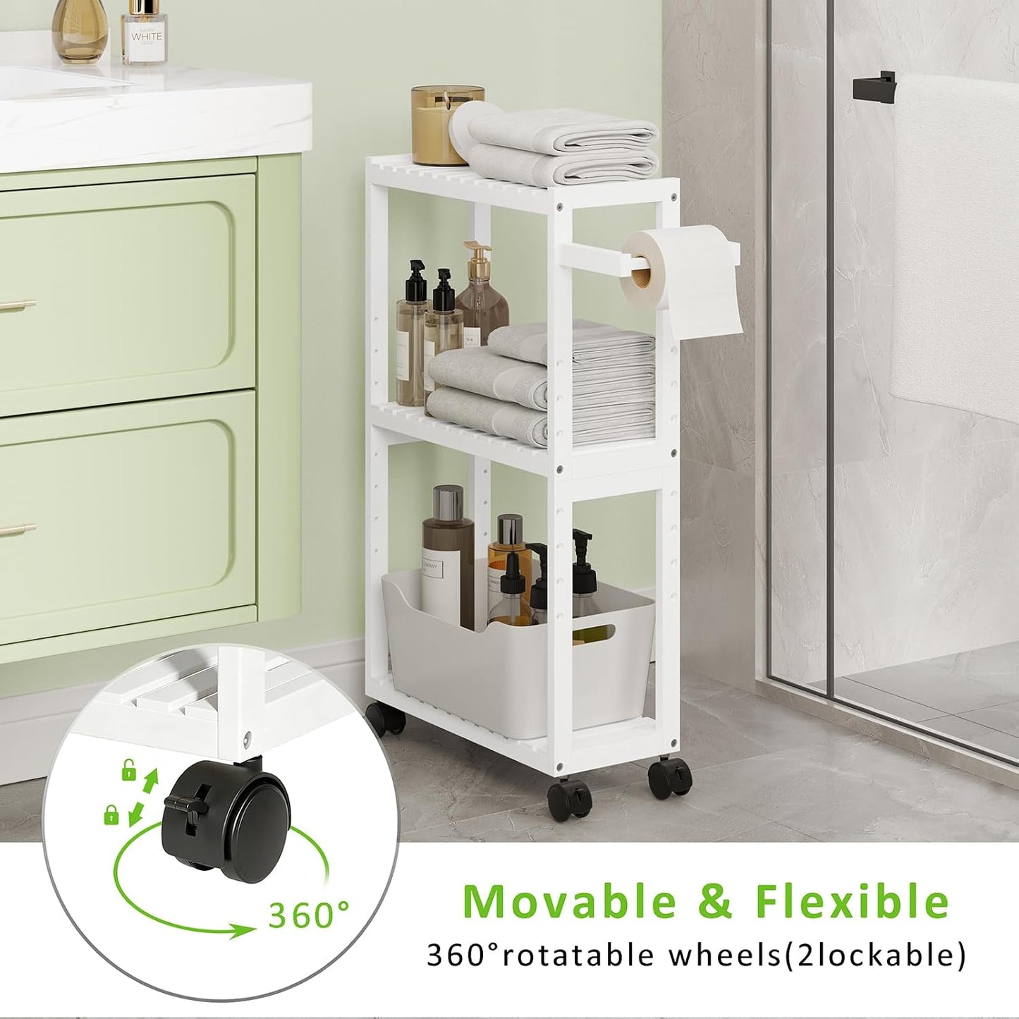 RRX Toilet Paper Holder with 3 Tier,16.14''Dx7.08''Wx28.35''H (Beige) | Small Bathroom Rolling Bamboo Mobile Storage Corner Shelf Cabinet for Narrow Spaces, Freestanding Slim Kitchen Organizer