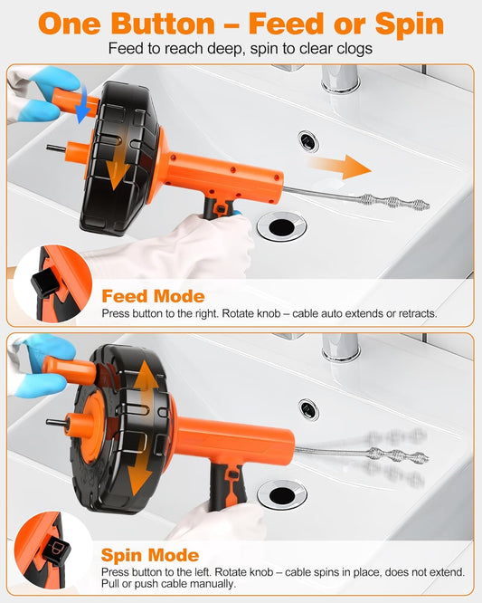 Drain Auger 33 ft, Auto Feed Drain Snake with Drill Adapter, Heavy Duty Plumbing Snake Hair Clog Remover Tool Kit with Gloves & Brushes for Kitchen Sink Shower Bathtub Bathroom Toilet Clog Removal