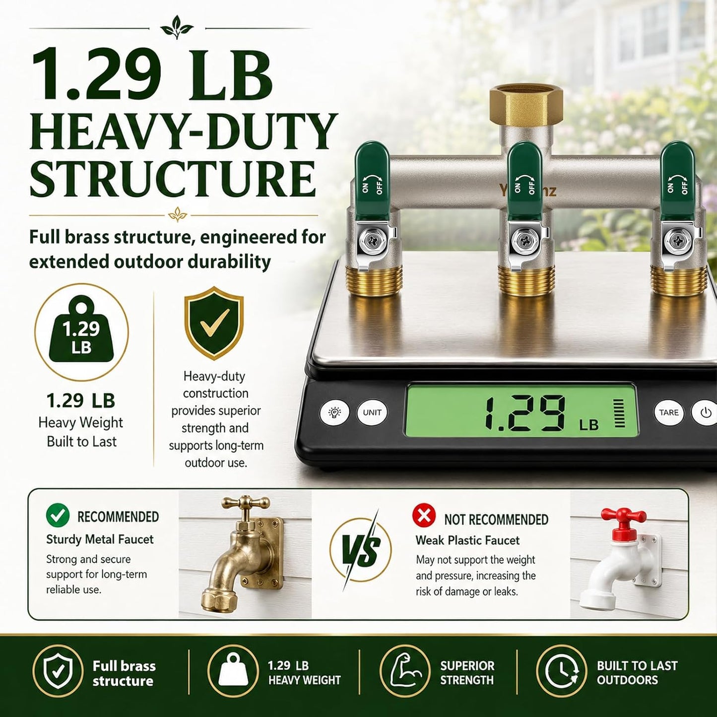 Garden Hose Splitter 3-Way, Heavy Duty Brass Hose Splitter | Outdoor Water Spigot Splitter, Full Flow, Long Handles, Shut-off Valves, Wide Spacing Fit Large Timer