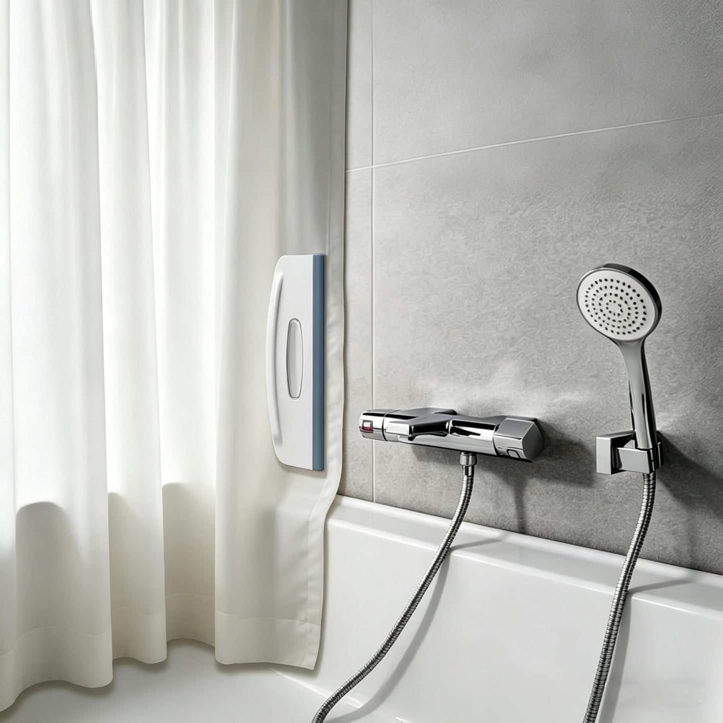2-in-1 Shower Squeegee and Magnetic Shower Curtain Clips, All-in-One Silicone Squeegee for Glass Door with Splash Guard Clips, No-Drill Adhesive Water Guard for Bathroom, Gray/White, Pack of 2