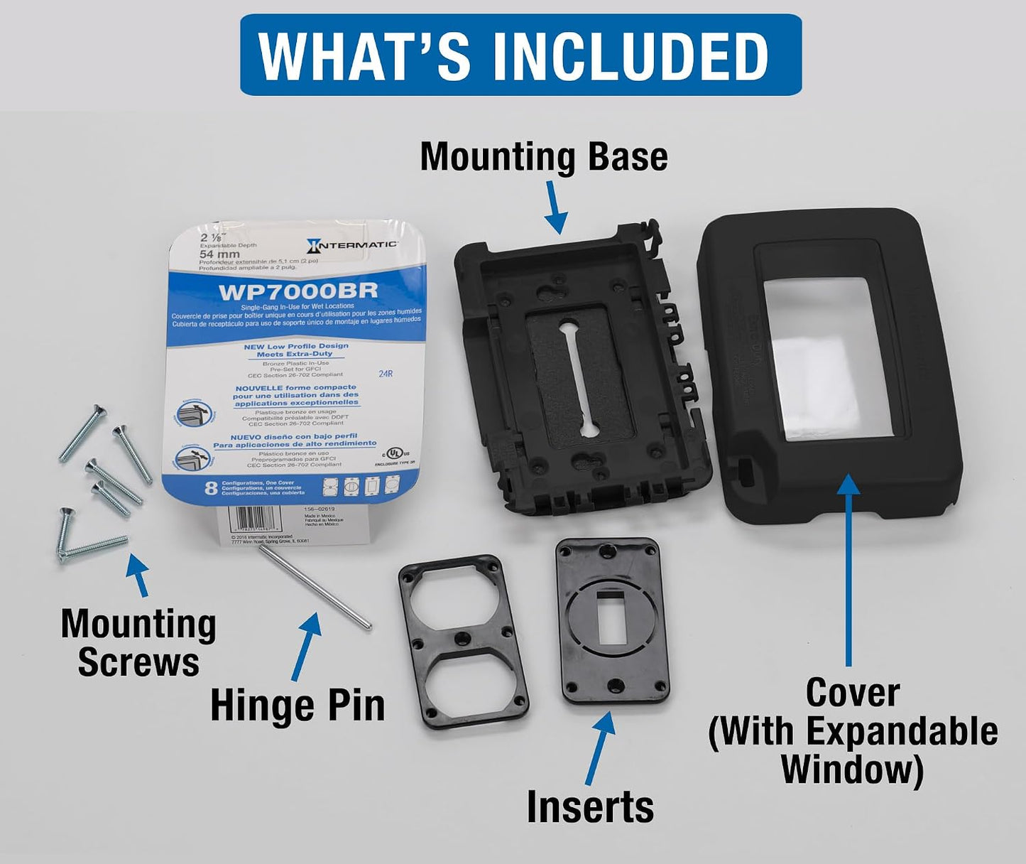 Intermatic WP7000BL Low-Profile Extra-Duty Weatherproof 1-Gang Cover, Black - Expandable Front Window, Versatile Mounting, Complete Installation Kit - Protect Outdoor Outlets
