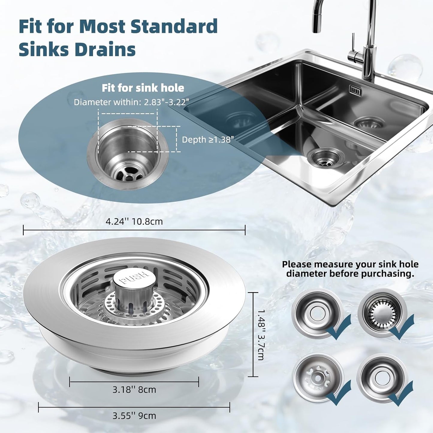 Hibbent Upgraded 3 in 1 Kitchen Sink Drain Strainer, Stainless Steel Pop Up Sink Stopper, Larger Anti-Clogging Basket, 3-Layer Seal, Detachable Drain Plug for US Standard 3-1/2" Drain, Brushed Nickel