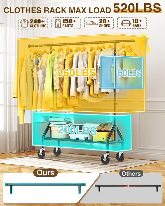 Upgraded 100% Stainless Steel Clothing Rack Load 760LBS, Heavy Duty Clothes Racks with Larger & Sturdy Wheel, Extendable & Adjustable Rolling Garment with Shelves for Hanging Portable Closet Rack